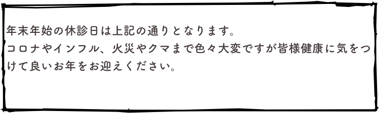 
年末年始の休診日は上記の通りとなります。
コロナやインフル、火災やクマまで色々大変ですが皆様健康に気をつけて良いお年をお迎えください。

