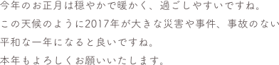 今年のお正月は穏やかで暖かく、過ごしやすいですね。
この天候のように2017年が大きな災害や事件、事故のない平和な一年になると良いですね。
本年もよろしくお願いいたします。
