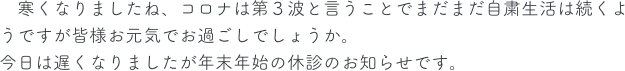 　寒くなりましたね、コロナは第３波と言うことでまだまだ自粛生活は続くようですが皆様お元気でお過ごしでしょうか。
今日は遅くなりましたが年末年始の休診のお知らせです。