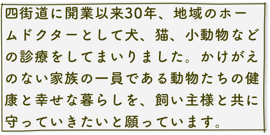 四街道に開業以来30年、地域のホームドクターとして犬、猫、小動物などの診療をしてまいりました。かけがえのない家族の一員である動物たちの健康と幸せな暮らしを、飼い主様と共に守っていきたいと願っています。