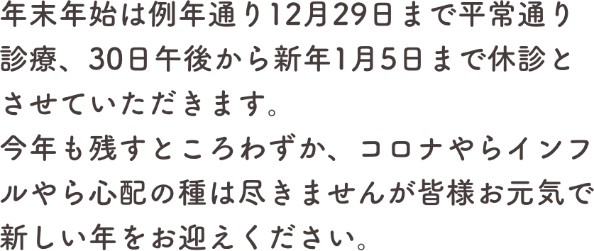 年末年始は例年通り12月29日まで平常通り診療、30日午後から新年1月5日まで休診とさせていただきます。
今年も残すところわずか、コロナやらインフルやら心配の種は尽きませんが皆様お元気で新しい年をお迎えください。