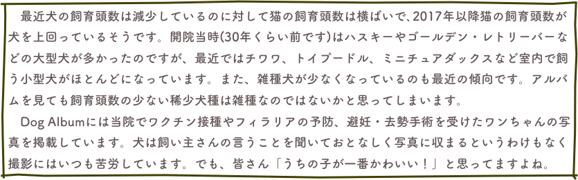 　最近犬の飼育頭数は減少しているのに対して猫の飼育頭数は横ばいで､2017年以降猫の飼育頭数が犬を上回っているそうです。開院当時(30年くらい前です)はハスキーやゴールデン・レトリーバーなどの大型犬が多かったのですが、最近ではチワワ、トイプードル、ミニチュアダックスなど室内で飼う小型犬がほとんどになっています。また、雑種犬が少なくなっているのも最近の傾向です。アルバムを見ても飼育頭数の少ない稀少犬種は雑種なのではないかと思ってしまいます。　
　Dog Albumには当院でワクチン接種やフィラリアの予防、避妊・去勢手術を受けたワンちゃんの写真を掲載しています。犬は飼い主さんの言うことを聞いておとなしく写真に収まるというわけもなく撮影にはいつも苦労しています。でも、皆さん「うちの子が一番かわいい！」と思ってますよね。